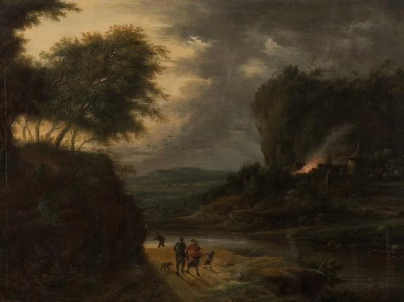 Johann Christian Vollerdt - Paesaggio fluviale con castello in fiamme